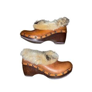 Nana Vintage Wood Heel Leather Clog Slip on Faux Fur Size 6.5